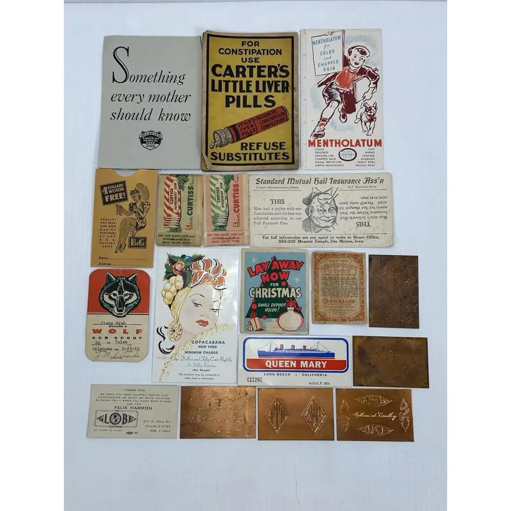 VTG Ephemera Lot Copacabana Queen Mary Carters Little Liver‎ Pills Copper Plate